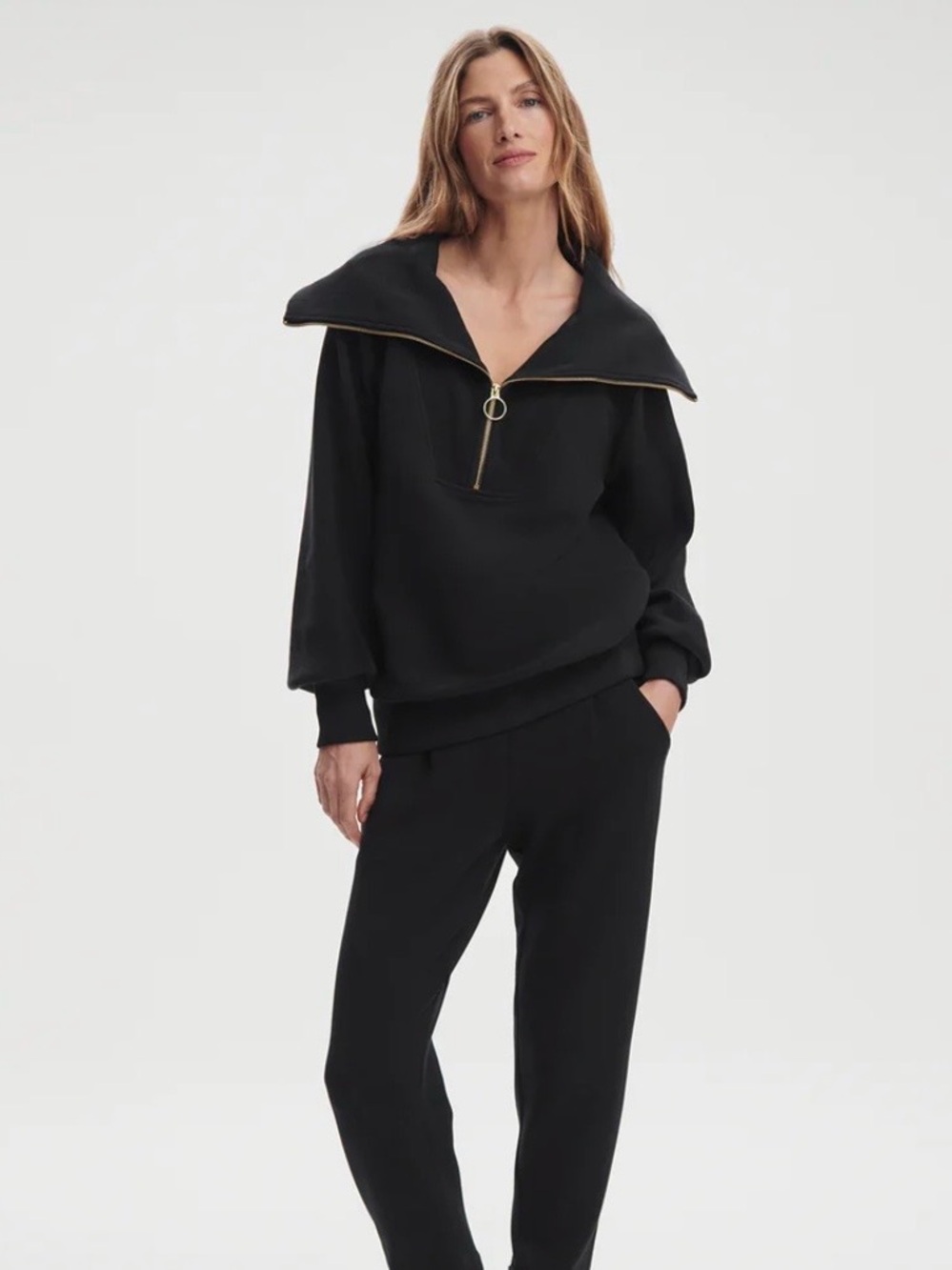 Varley Vine 1/2 Zip Black Wide Collar Sweatshirt with Gold Hardware - Picture 2 of 5